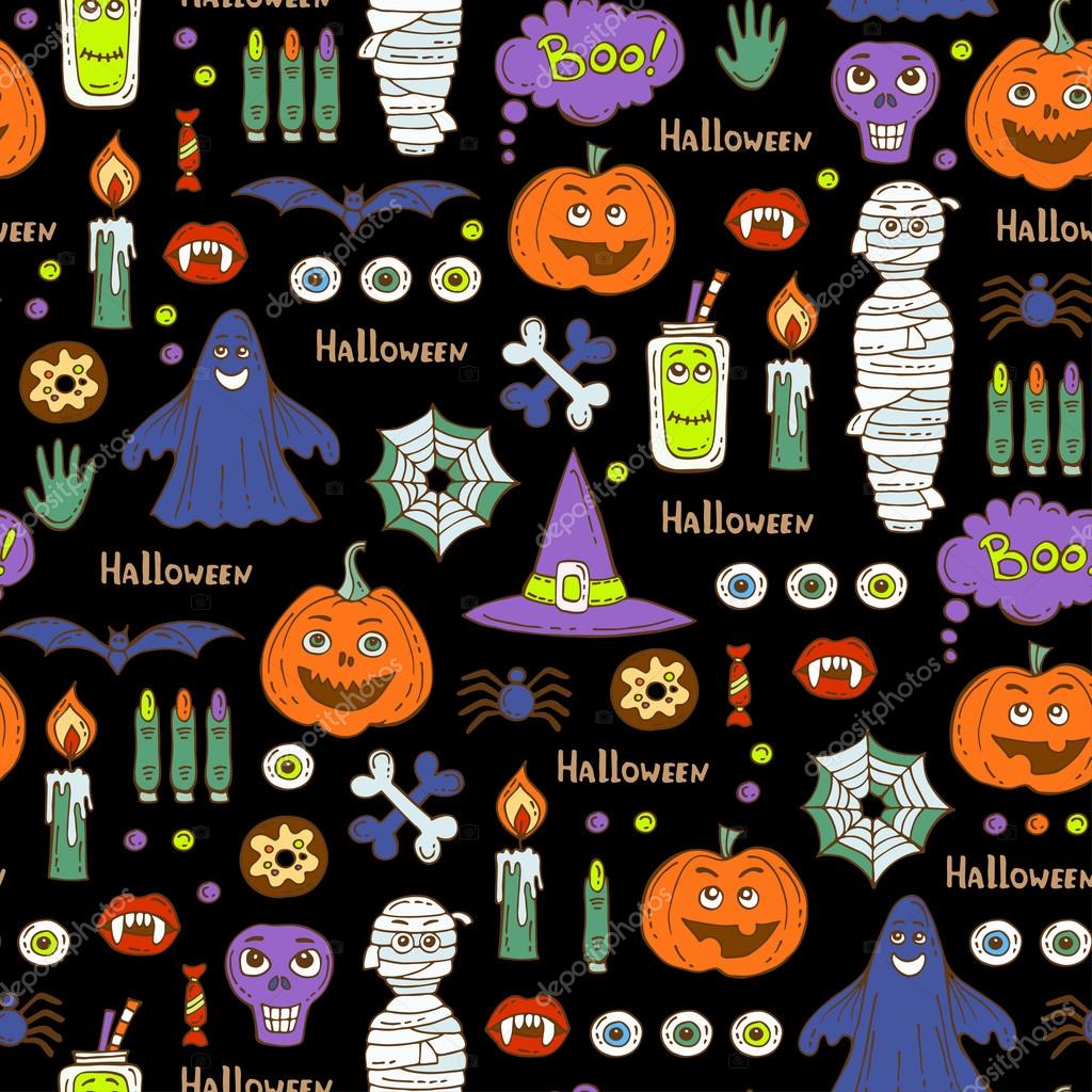 Reticolo senza giunte con la mano disegnata simboli colorati di Halloween sul colore nero — Vettoriale