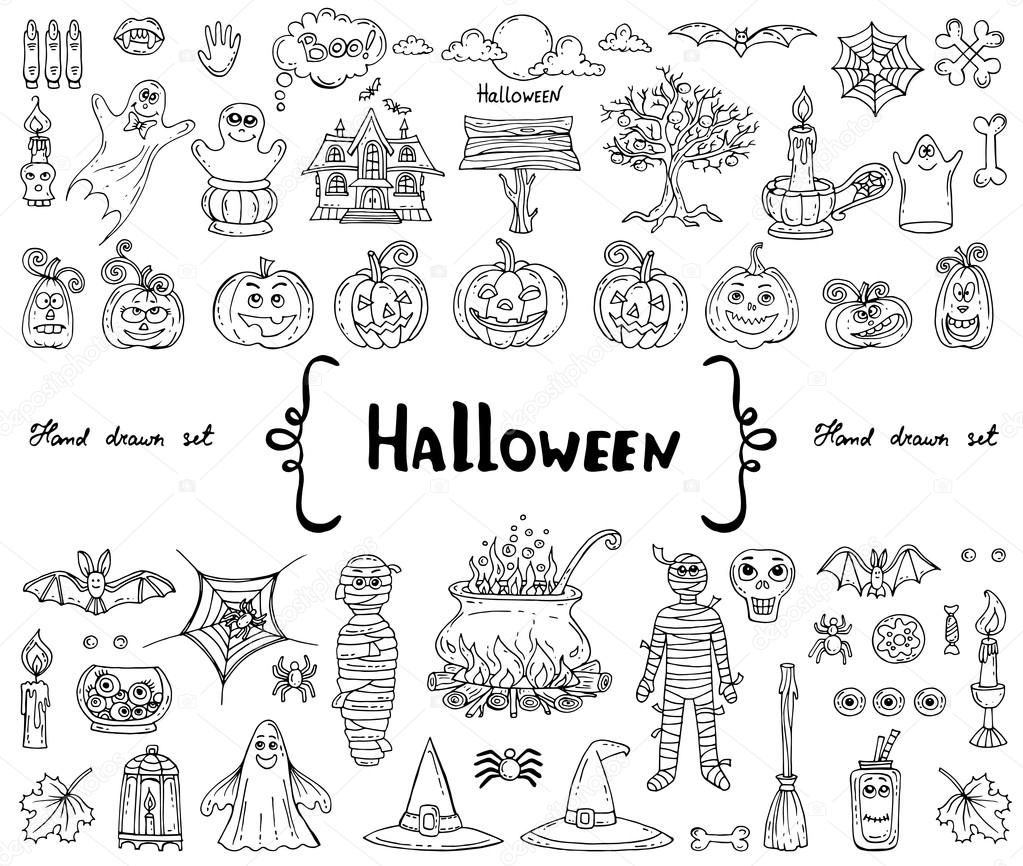 Vector set with hand drawn isolated doodles on the theme of Halloween on white color