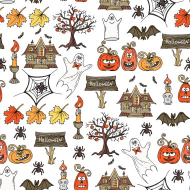 Vektör Dikişsiz el desen izole Cadılar Bayramı sembolleri ile çekilmiş