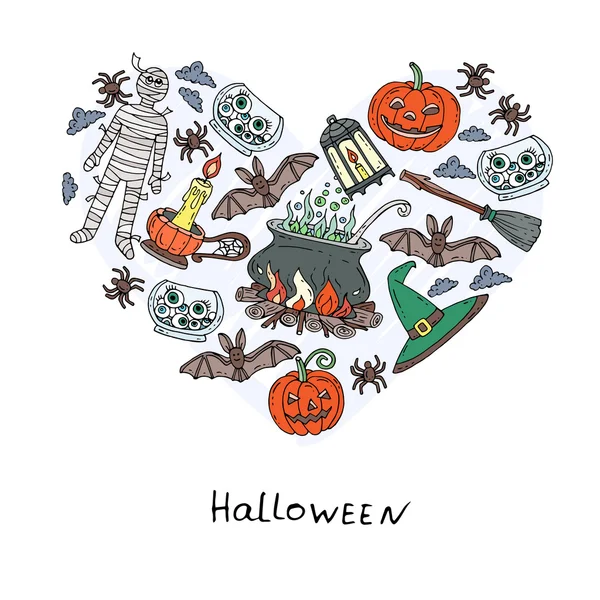 Coração estilizado com símbolos desenhados à mão de Halloween — Vetor de Stock
