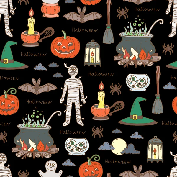 Modèle dessiné à la main vectoriel sans couture sur le thème des symboles Halloween sur la couleur noire — Image vectorielle