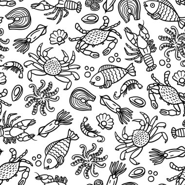Deniz ürünleri ve deniz yaşamı temalı vektör karikatür deseni. İzole edilmiş el yapımı balık, ahtapot, kerevit, yengeç, karides, midye, mürekkep balığı, beyaz renkli.