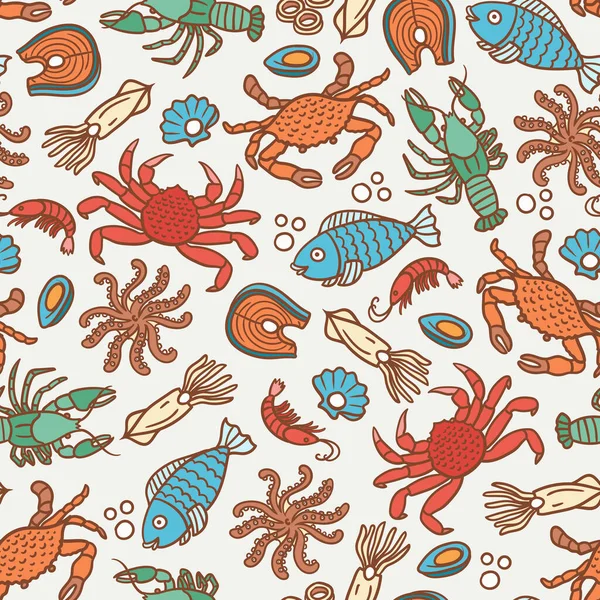 以海产食品 海洋生物为主题的矢量漫画图案 小龙虾 乌贼的色彩艳丽的背景 — 图库矢量图片