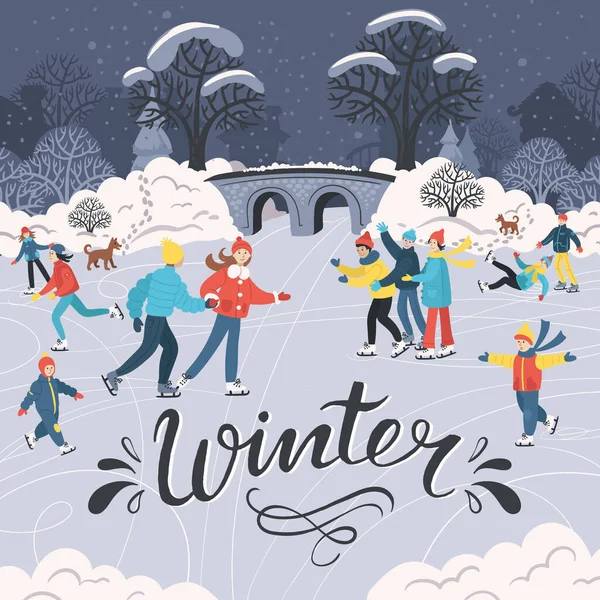 以冬季 业余爱好 体育为主题的病媒卡通画 人们在溜冰场上滑冰的精彩背景 设计中使用的冬季景观 — 图库矢量图片
