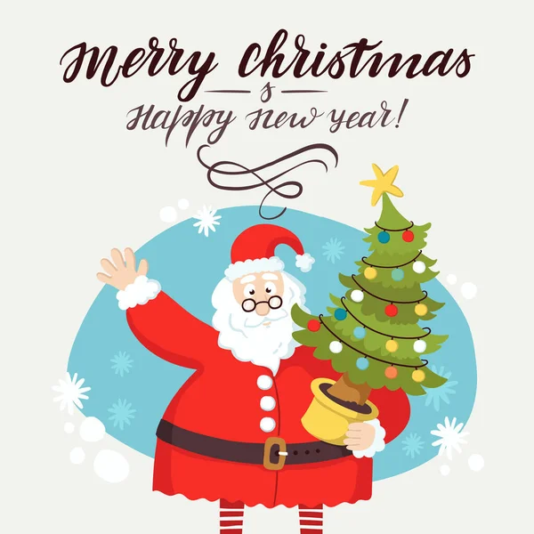 矢量漫画背景与桑塔爪持有圣诞树与手电筒 海报的主题是快乐的新年 快乐的圣诞节 设计中使用的平面艺术 — 图库矢量图片