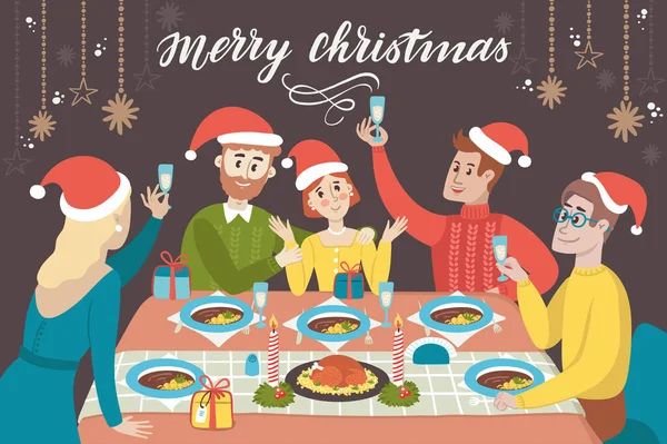テーブルの上にクリスマスフード付きベクトルカラフルなイラスト お祝いのテーブルでお祝いする人々の会社 家族みんなで食べる 幸せな新年 陽気なクリスマス ごちそう ストックベクター