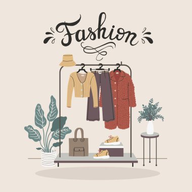 Vector colorful illustration with fashion women clothes. Hangers with clothes and accessories. Women's wardrobe with bag and shoes. Flat art poster for use in design clipart