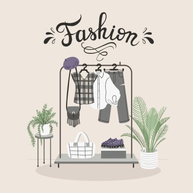 Vector illustration on the theme of fashion and beauty industry. Female trendy clothes on hangers. Flat art for use in design clipart