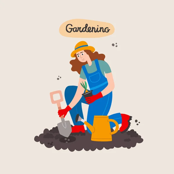 Gärtner Arbeitet Garten Junge Frau Mit Pflanzen Vektor Cartoon Illustration — Stockvektor
