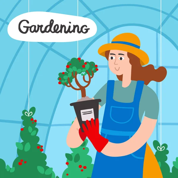 Frau Mit Pflanzen Gewächshaus Vektor Cartoon Cover Zum Thema Garten — Stockvektor