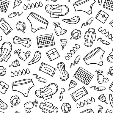 Kadın hijyen, regl, sağlık konularında vektör karikatür deseni. İzole edilmiş el pedleri, iç çamaşırı bezleri, tamponlar, beyaz renkte aybaşı bardağı...