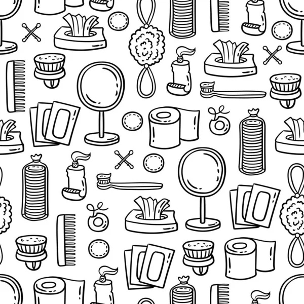 衛生用品とベクトルシームレスパターン 白地に手描きのパーソナルケア製品と漫画の背景 — ストックベクタ
