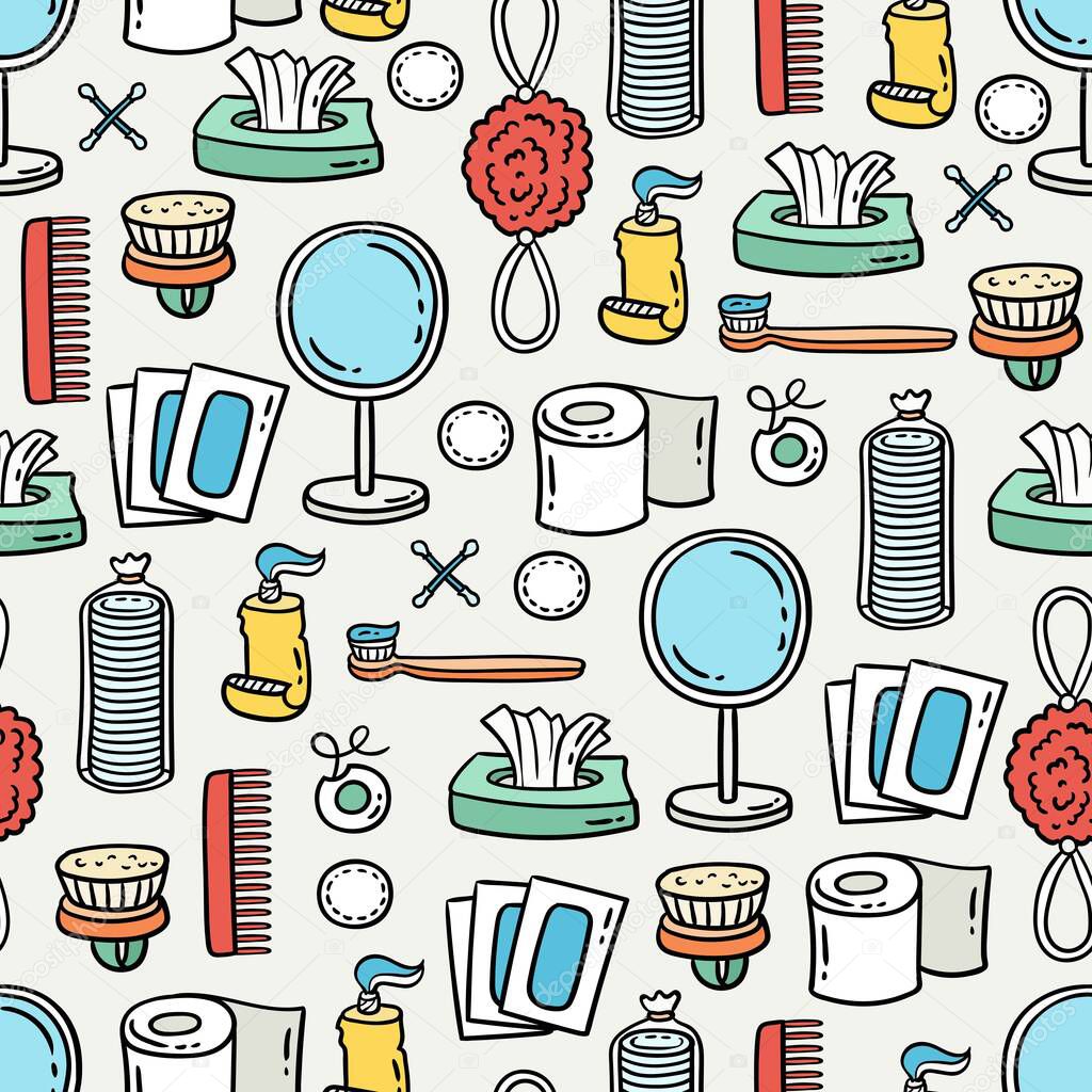 Vector seamless pattern with hygiene items. Cartoon colorful background with hand drawn personal care products