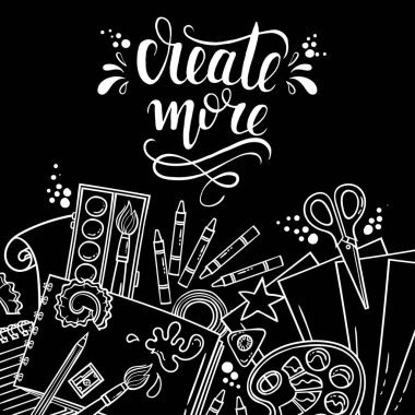 Yaratılış ve sanat temasının vektör karikatürü. Kırtasiyeli tek renkli illüstrasyon, siyah renkli sanat malzemeleri. Tasarım için satır sanatı