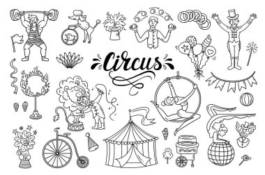 Sirk, performans, tiyatro sahnesi, eğitim, akrobasi temalı vektör karikatür seti. Beyaz arkaplanda tasarım için izole karalamalar