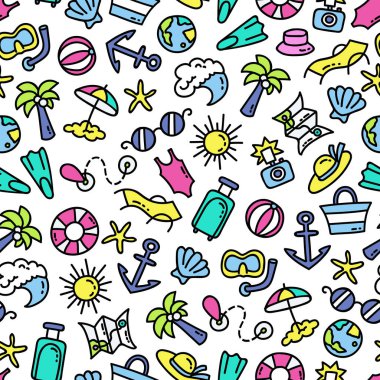 Yaz, deniz, tatil, seyahat ve turizm konularında kusursuz bir model. Karalamalarla dolu renkli bir arka plan. Tasarım için satır sanatı