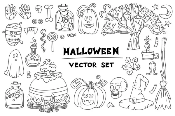 Vektor Tecknad Uppsättning Temat Halloween Isolerade Doodles Pumpor Spöken Sötsaker — Stock vektor
