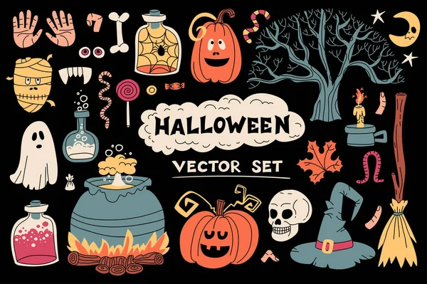 Vektor Cartoon Zum Thema Halloween Mit Flachen Illustrationen Von Kürbissen — Stockvektor