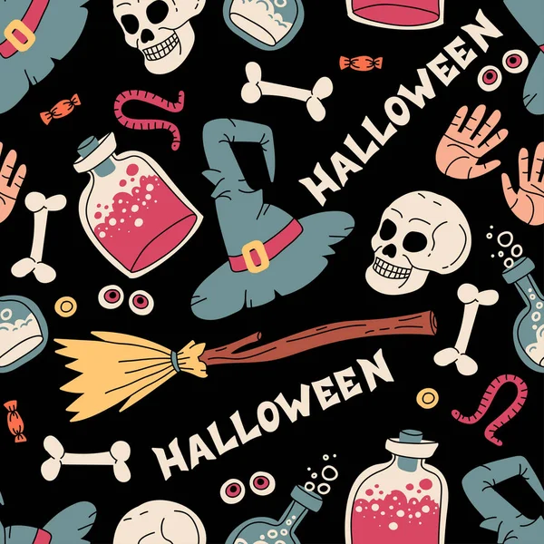 Patrón Dibujos Animados Vectoriales Sobre Tema Halloween Fondo Colorido Con — Vector de stock