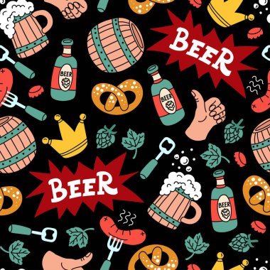 Bira, alkol ve içki temasında vektörsüz şablon. Yemek, sosis, kupa, tasarım için kulplu karikatür arka planı