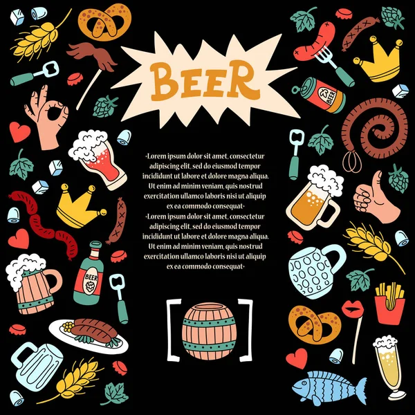 Bira, içki ve alkol temalı renkli bir kapak. Yemek, sosis, kupa, tasarım için kulplu karikatür arka planı