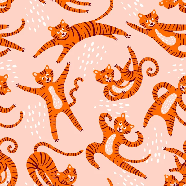 Vector Seamless Pattern Cute Tigers Movements Colorful Background Theme Wild — Stock Vector