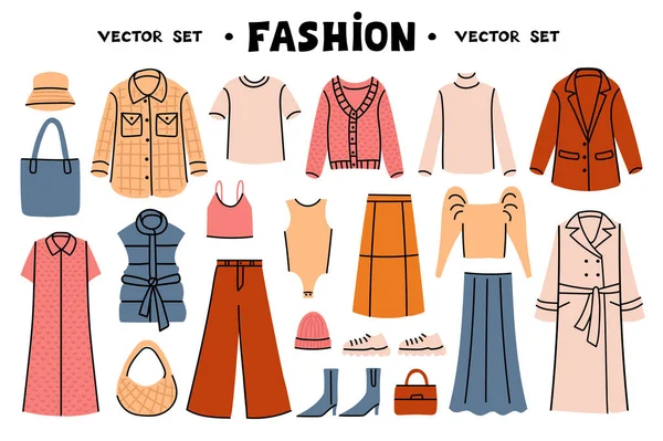 Vector Setzt Auf Das Thema Mode Vereinzelte Flache Kritzeleien Kleiderschrank — Stockvektor