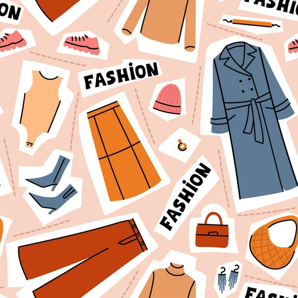 Vector Seamless Pattern Theme Fashion Cartoon Background Women Wardrobe Clothes — Stock Vector