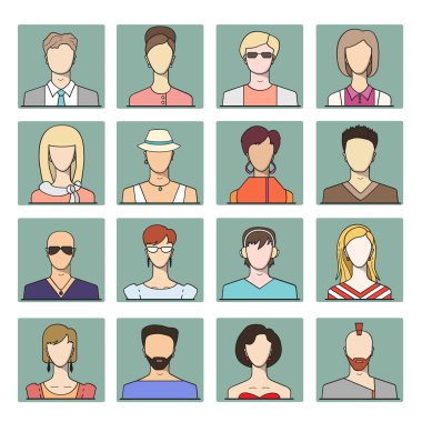 genç insanların farklı düz yüzeylere Icons set