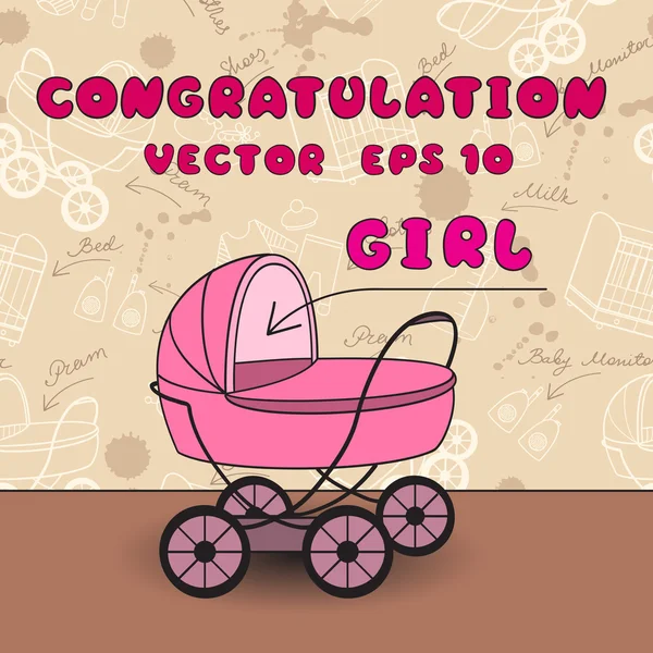 Vector illustration with pink stroller for girl — Stock Vector