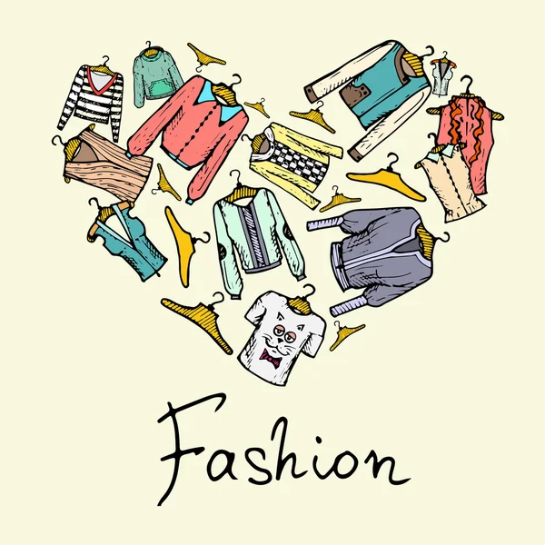 Stylized heart with fashionable clothes for women — Stock Vector