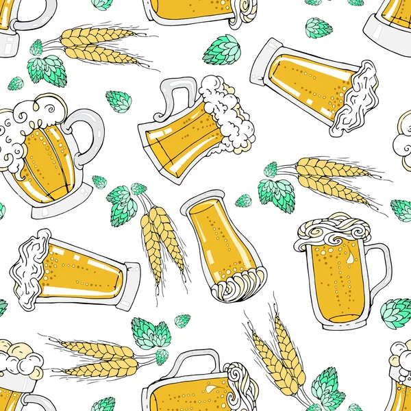 Patrón sin costura vectorial con jarras de cerveza de dibujos animados — Archivo Imágenes Vectoriales