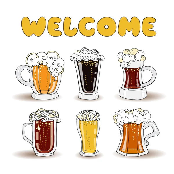 Ilustração vetorial com canecas de cerveja de desenhos animados — Vetor de Stock
