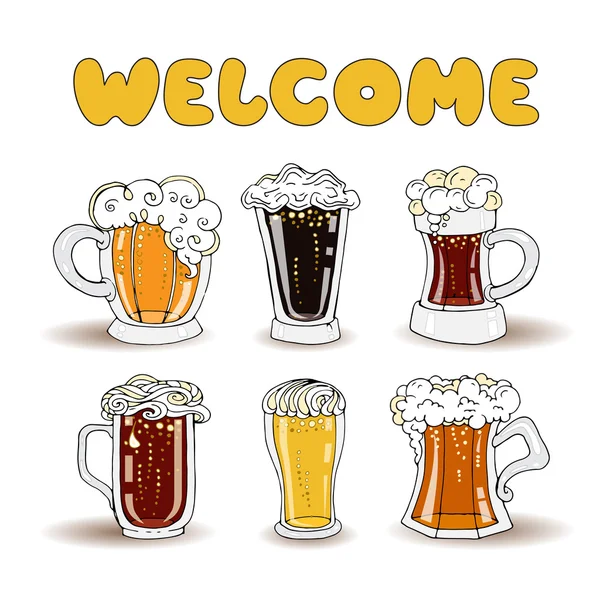 Vector illustration with cartoon beer mugs — Stock Vector