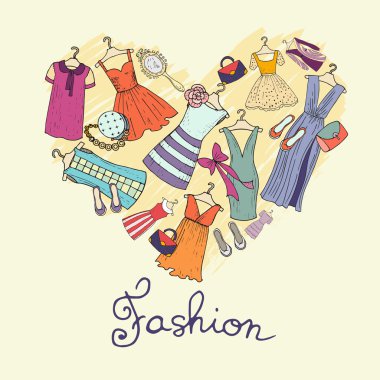 Elbise ve aksesuarlar ile stilize vektör kalp