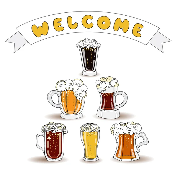 Schattig vectorillustratie met cartoon mokken van bier — Stockvector
