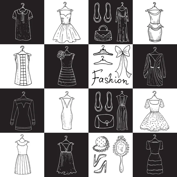 Vector pattern with dresses and accessories — Stock Vector