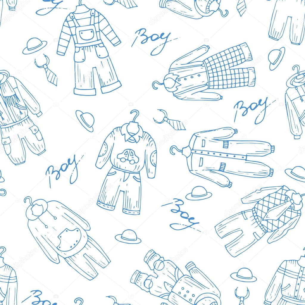 Vector pattern with hand drawn clothes for boys