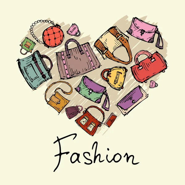 Vector stylized heart with hand drawn handbags — Stock Vector