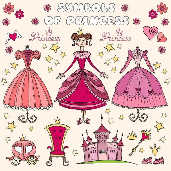 Vector illustration with set of princess symbols — Stock Vector