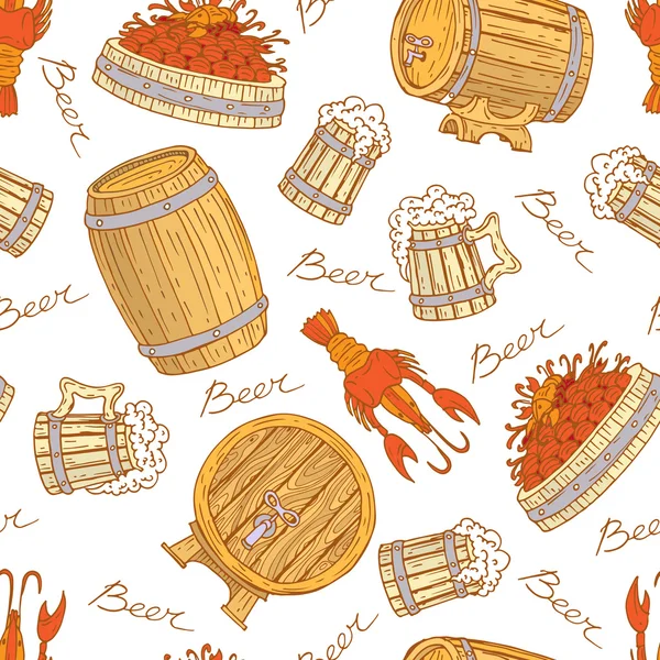 Vector pattern with beer mugs, barrels and crayfish — Stock Illustration Vector pattern with beer mugs, barrels and crayfish Royalty Free Stock Illustrations
