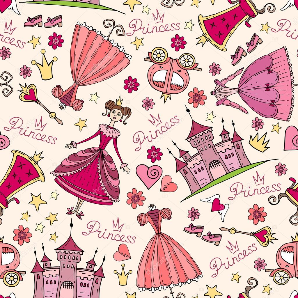 Vector pattern with hand drawn symbols of princess