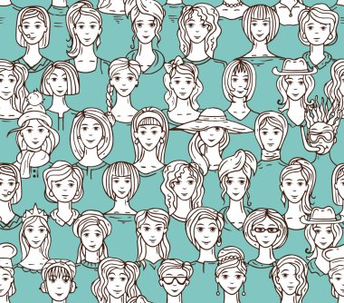 Elle çizilmiş kadın simgeleri mavi ile vektör desen
