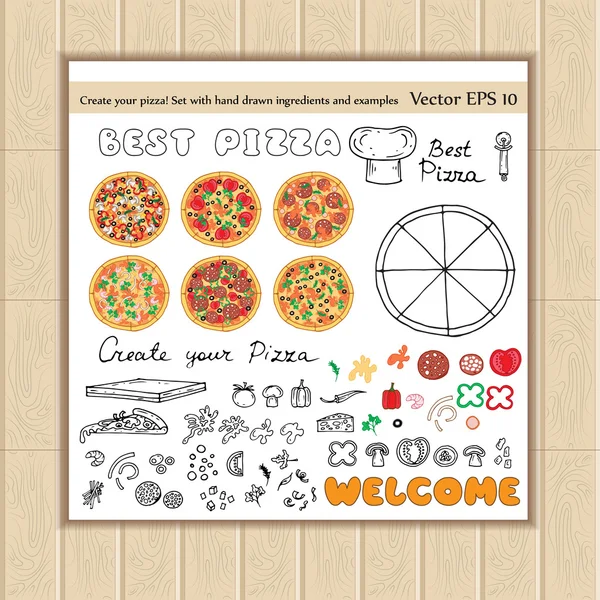Vektor-Set mit handgezeichneten Pizza-Zutaten und Beispielen — Stockvektor