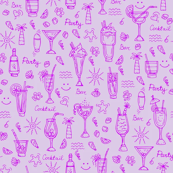 Векторный узор с нарисованными вручную коктейлями на фиолетовом фоне — стоковый вектор