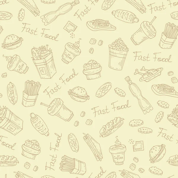 矢量模式用一只手在米色的背景上绘制的快餐食品 — 图库矢量图片