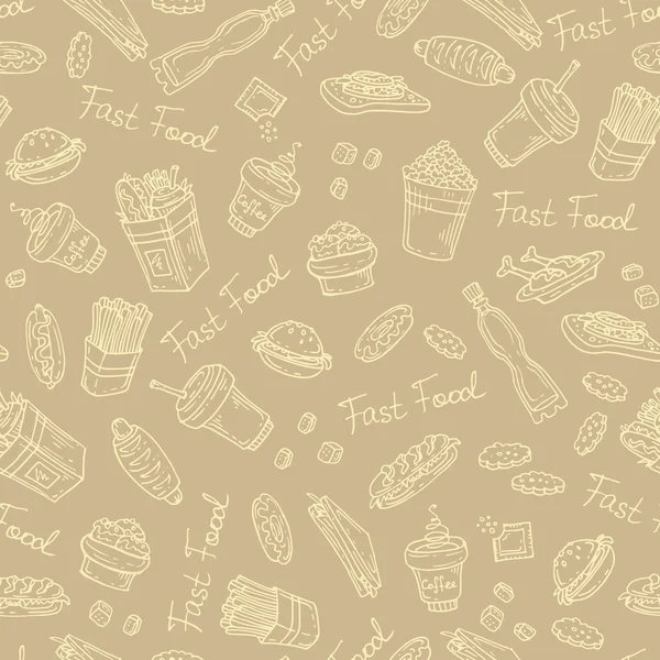 Vector pattern with hand drawn fast food on brown background — Stock Vector