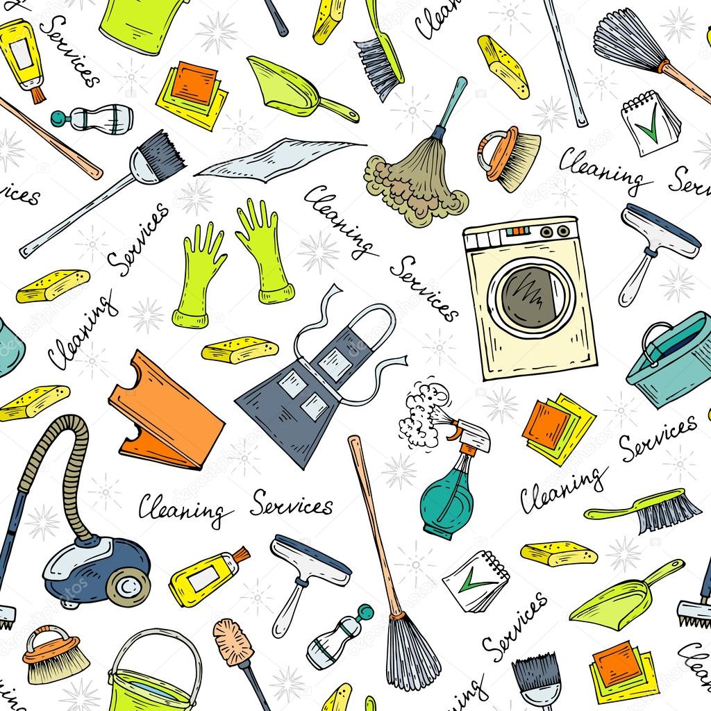 Vector pattern with hand drawn symbols of cleaning services