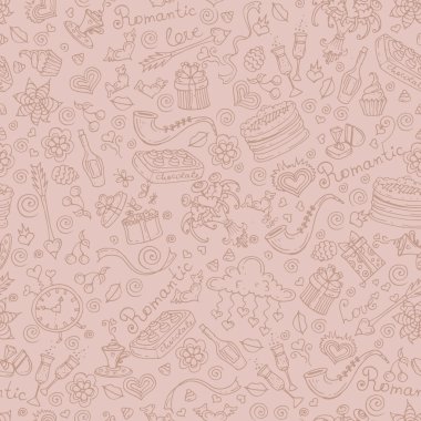 Vektör desen pembe elle çizilmiş romantik sembollerle