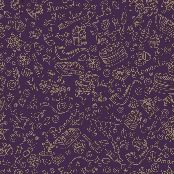 手描き紫のロマンチックなシンボルのベクトル パターン — ストックベクタ